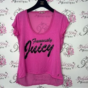 Juicy couture famously juicy tshirt mesh back pink and black with gold logo y2k